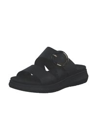 Sandales noires à glissière avec un design à lanières croisées, accent métallique rond, semelle intérieure texturée et semelle à plateforme basse. Fabriquées en matériau synthétique.