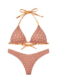 Bikini deux pièces avec des cordons réglables, présentant un motif géométrique marron et blanc avec une bordure jaune-orange.