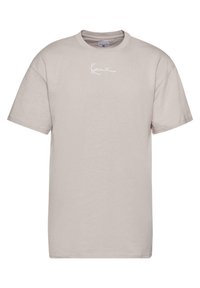Light beige cotton t-shirt with a crew neck, short sleeves, and white handwritten logo on the front. Smooth texture and standard fit.