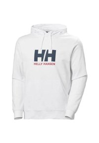 Sudadera blanca de tela suave con un gran logo "HH" en azul marino y rojo y el texto "HELLY HANSEN". Incluye un bolsillo tipo canguro y capucha ajustable.