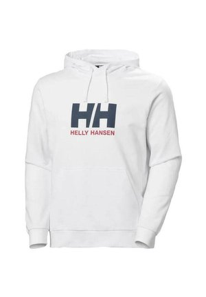 Sudadera blanca de tela suave con un gran logo "HH" en azul marino y rojo y el texto "HELLY HANSEN". Incluye un bolsillo tipo canguro y capucha ajustable.