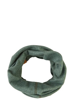 Looped scarf made of soft, textured fabric in muted green, featuring a stitched seam and a small brown label accent.