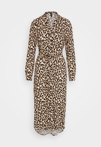 Robe imprimé léopard en beige et noir, avec col en V, manches longues, ceinture nouée à la taille et ourlet mi-long. Tissu léger et lisse.