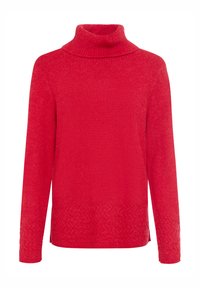 Roter Strickrollkragenpullover mit langen Ärmeln, einem gerippten Kragen und strukturierten Details am Saum und den Bündchen. Weiches Material.