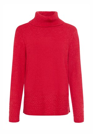 Red knit turtleneck sweater with long sleeves, featuring a ribbed collar and textured detailing at the hem and cuffs. Soft material.