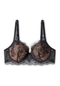 Soutien-gorge en dentelle noire avec broderie florale sur un fond transparent, bonnets avec armature, bretelles ajustables et design à bords festonnés.