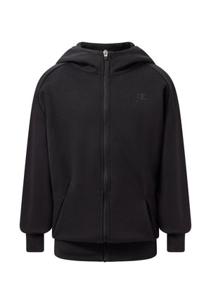 Sweat à capuche noir à fermeture éclair intégrale avec poches avant, poignets côtelés et logo discret sur la poitrine, conçu pour un port décontracté et confortable.