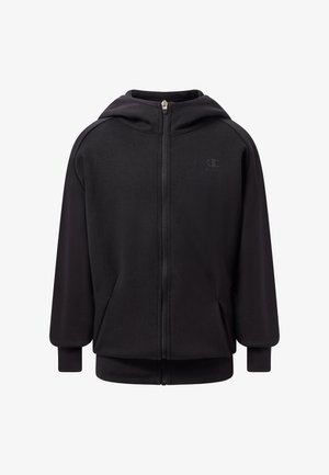 Zwarte hoodie met volledige ritssluiting, voorzakken, geribbelde manchetten en een subtiel logo op de borst, ontworpen voor casual gebruik en comfort.