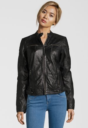 Black leather motorcycle jacket with a stand collar, zippered front, and two horizontal chest pockets. Smooth texture with structured shoulder detailing.