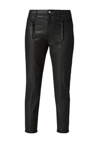 Pantalones de cuero sintético negros con un diseño ajustado, bolsillos con cremallera en el frente y una textura suave, con un cierre de botón en la cintura.