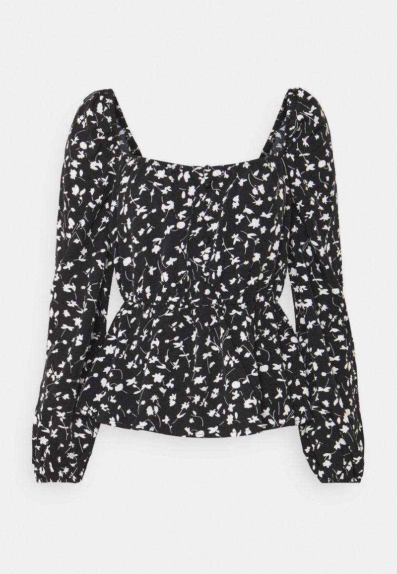 Blouse noire à motif floral blanc, col carré, manches longues bouffantes et taille froncée pour une silhouette cintrée. Fabriquée en tissu léger.