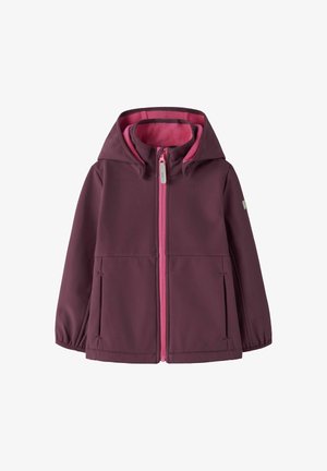 Lila Fleece-Jacke mit pinkem Reißverschluss, Kapuze und zwei Fronttaschen. Hat eine glatte Außenseite und elastische Bündchen.