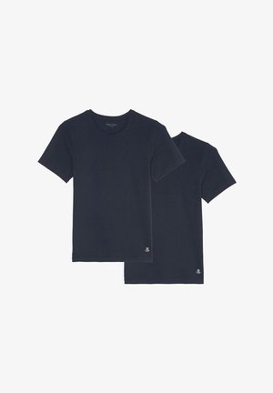 Marineblaue Baumwoll-T-Shirts mit kurzen Ärmeln, rundem Ausschnitt und dezentem Logodetail am Saum, mit einer glatten und weichen Textur.