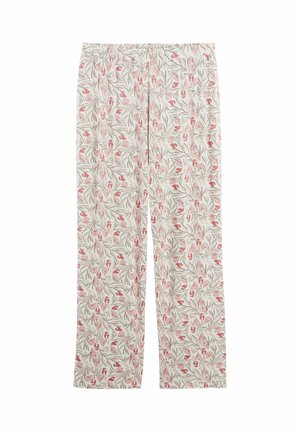 Pantalon beige clair avec imprimé abstrait de feuilles et de fleurs en rose et noir, taille élastique, coupe droite.