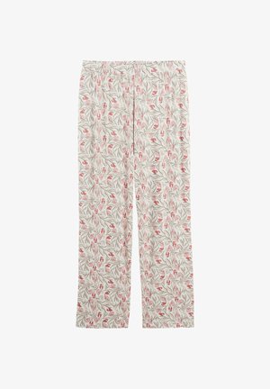 Pantalon beige clair avec imprimé abstrait de feuilles et de fleurs en rose et noir, taille élastique, coupe droite.