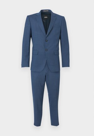 Blauwe suit met gestructureerde stof, een enkelvoudig jasje met twee knopen, notch revers en bijpassende smalle broek. Merklabel zichtbaar.