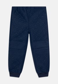 Marineblaue, gepolsterte Hose mit geometrischem Muster, elastischem Bund, gerippten Bündchen und glatter Textur mit Akzentnähten.