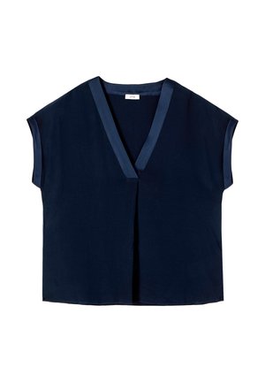 Blouse bleu marine à manches courtes avec un décolleté en V et une bordure en satin. Présente une coupe ample et un ourlet légèrement arrondi pour un port décontracté.