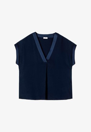 Blouse bleu marine à manches courtes avec un décolleté en V et une bordure en satin. Présente une coupe ample et un ourlet légèrement arrondi pour un port décontracté.