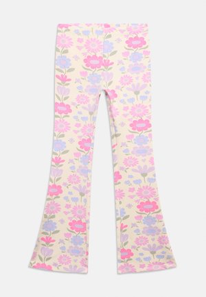 Εκρού παντελόνι καμπάνα με μοτίβο από ροζ, μοβ και πράσινα λουλούδια σε όλη την επιφάνεια.