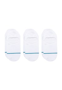 White cotton ankle socks, three pairs, featuring a blue stripe at the base, rounded edges, and a soft texture. Minimalist design.