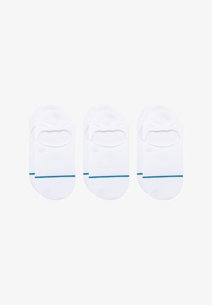 White cotton ankle socks, three pairs, featuring a blue stripe at the base, rounded edges, and a soft texture. Minimalist design.