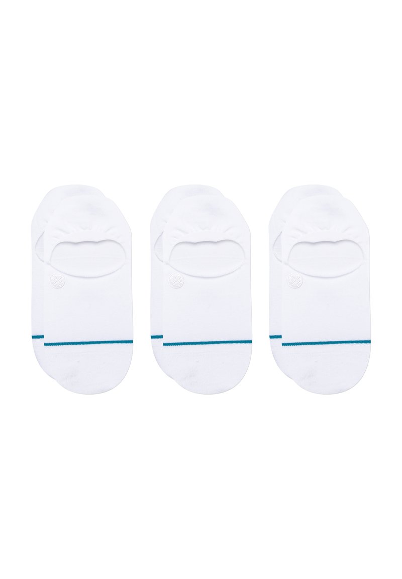 White cotton ankle socks, three pairs, featuring a blue stripe at the base, rounded edges, and a soft texture. Minimalist design.