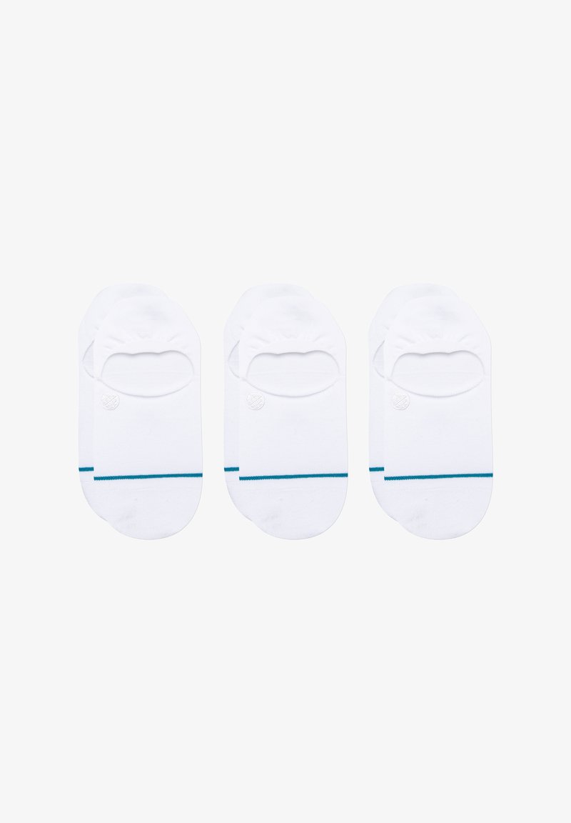 Valged puuvillased pahklu socksid, kolm paari, sinise triibuga aluses, ümarate servade ja pehme tekstuuriga. Minimalistlik disain.