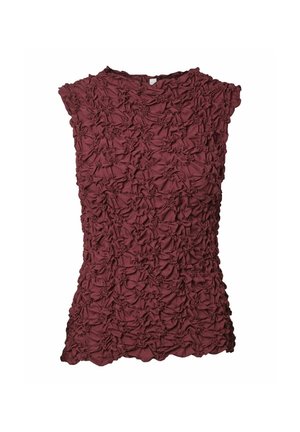 Mauve mouwloze top met een textuur van geplooide stof, voorzien van een ronde halslijn en een getailleerde pasvorm. Soepele, zachte textuur.