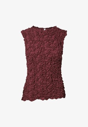 Fialová bezrukávová blůza s texturovaným designem z nařasené látky, s kulatým výstřihem a přiléhavým střihem. Hladký, jemný povrch.