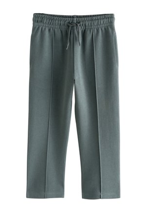 Ciemnoszare spodnie casual z elastycznym pasem, sznurkiem, bocznymi kieszeniami i luźnym prostym krojem nogawek.