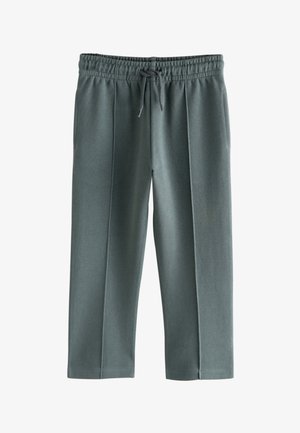 Pantalones casuales de color gris oscuro con cintura elástica, cordón, bolsillos laterales y corte recto y relajado.