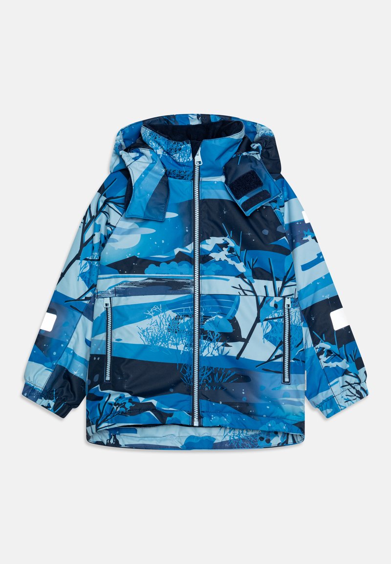 Blue patterned jacket featuring a hood, zip front, and two zippered pockets. Design includes abstract shapes and tree silhouettes in varying shades of blue.