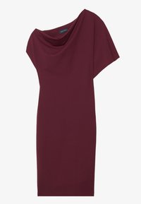Robe bordeaux à épaules dénudées avec manches courtes, décolleté drapé et tissu lisse. Forme simple et ajustée avec une conception à mi-mollet.