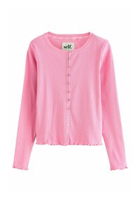 Cardigan lungo rosa con maniche a sbuffo, caratterizzato da una texture a coste, con scollatura rotonda e chiusura decorativa a bottoni sul davanti.