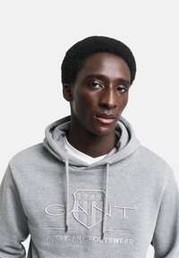 Felpa grigia con cappuccio e lacci, caratterizzata da un logo testurizzato e la scritta "American Sportswear" sul davanti. Tessuto morbido e vestibilità casual.