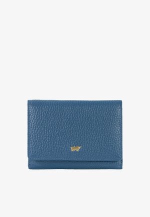 Portafoglio in pelle blu con finitura texturizzata, dotato di un logo di una mucca dorata sul fronte. Design pieghevole con un bordo inferiore liscio.