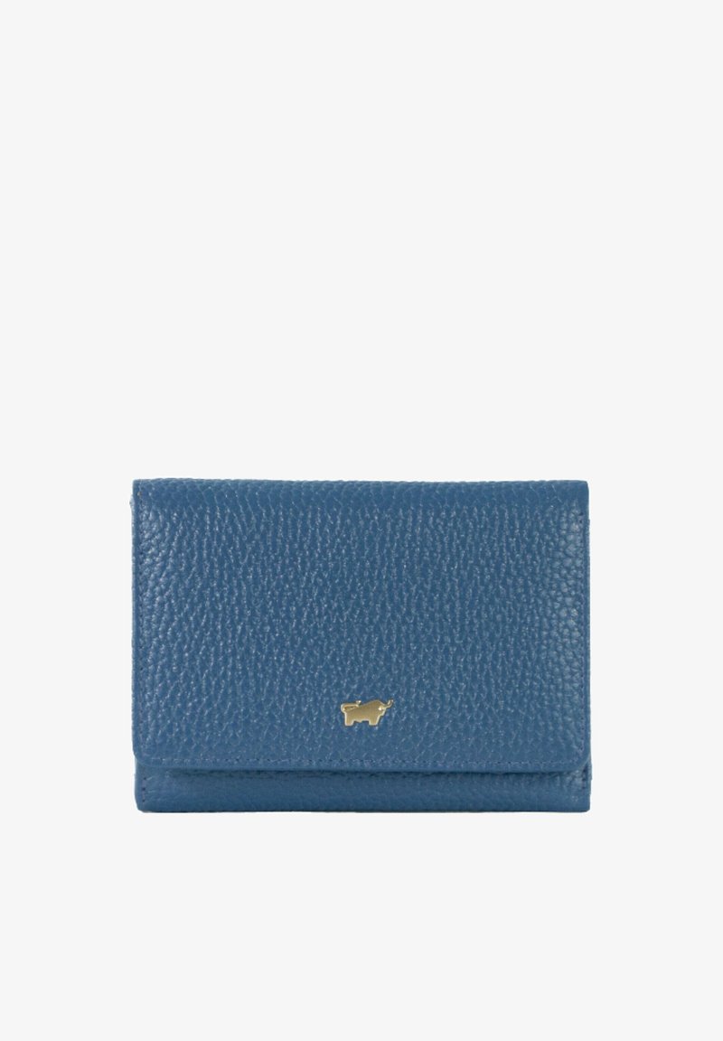 Portafoglio in pelle blu con finitura texturizzata, dotato di un logo di una mucca dorata sul fronte. Design pieghevole con un bordo inferiore liscio.