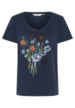 Navy V-neck t-shirt made of cotton featuring a floral print with orange, blue, and green accents on the front. Short sleeves.