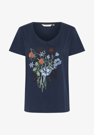 Navy V-neck t-shirt made of cotton featuring a floral print with orange, blue, and green accents on the front. Short sleeves.