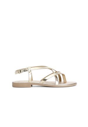 Sandalias planas con tiras metálicas doradas, con un diseño entrecruzado, hebilla ajustable y una suela beige. Minimalistas y de punta abierta.