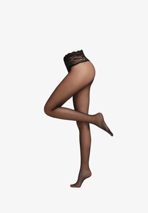 Medias negras transparentes con una banda de encaje en la parte superior, textura suave y un silueta ajustada, mostrando una pierna levantada en un ángulo.