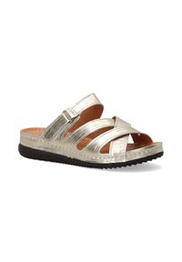 Metallic guld slidesandal med tre krydsende stropper, åben tæer, syede detaljer og en struktureret sort sål.