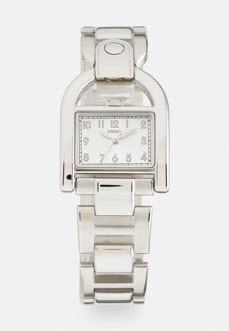 Silver stainless steel watch with a square dial, white face, black numerals, and a linked bracelet design. Features a latch closure.