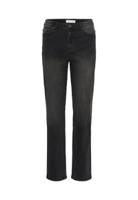 Jean noir à jambes droites avec fermeture à bouton et fermeture éclair, poches avant et arrière, et légère décoloration sur les cuisses et les genoux.