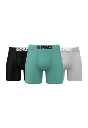 Drei Paare Herren-Boxershorts: schwarz, türkis und hellgrau. Das türkisfarbene Paar hat eine glatte Textur, während das graue eine dezente Musterung aufweist.