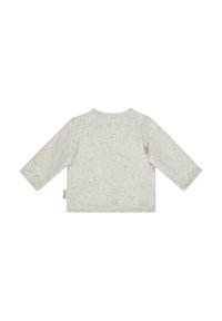 Hellgraues Langarmshirt mit gesprenkelter Textur. Weicher Stoff, Rundhalsausschnitt und gerader Saum. Etikett an der Seite zur Markenidentifikation.