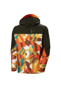 Bunte gemusterte wasserfeste Jacke mit einem dunkelgrünen oberen Teil, ausgestattet mit orangefarbenen, gelben und türkisfarbenen Streifen, einer Kapuze und Reißverschlusstaschen.