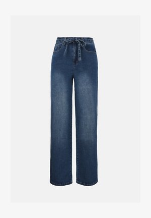Μπλε τζιν παντελόνι με φαρδύ πόδι και ψηλή μέση, με εμπρόσθιες τσέπες και μια ζώνη από ίδιο ύφασμα δεμένη στη μέση.