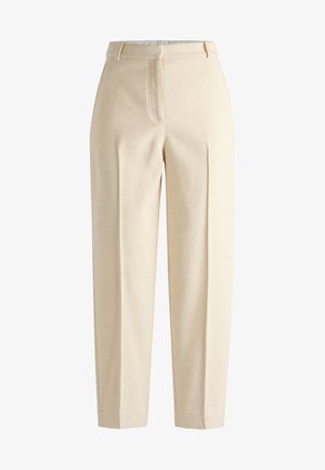 Pantalons beige texturés avec un motif en côtes, dotés d'une taille haute, de plis et de jambes droites. Fermés par une fermeture éclair et un bouton.